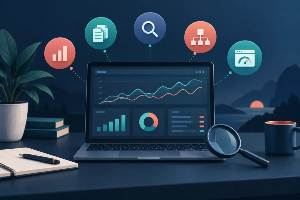 Illustration of an analytics dashboard with icons for the five Search Console checks in this guide