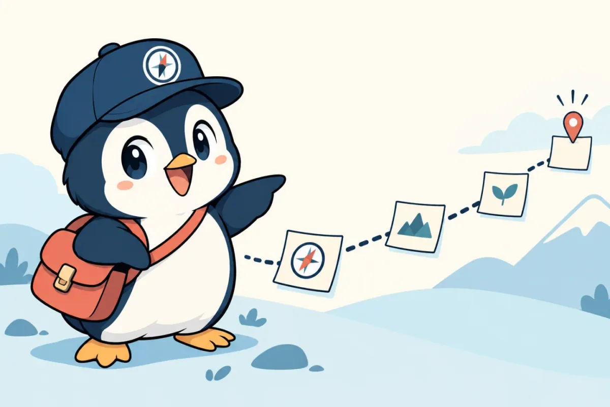 Illustrated penguin pathfinder pointing along a trail of content cards