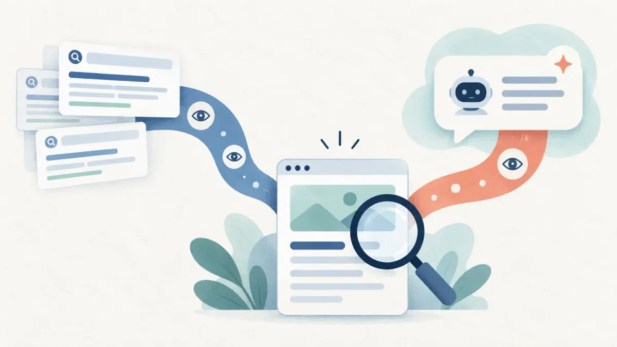Illustration of a webpage examined under a magnifying glass, with paths from search results and an AI answer.