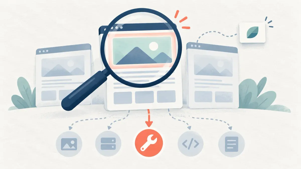 Illustration of webpage cards with a magnifying glass highlighting one page image and a selected repair path.