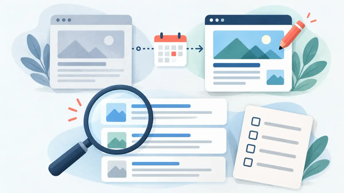 Illustration of the same webpage before and after an update, with search results examined and a blank review checklist.