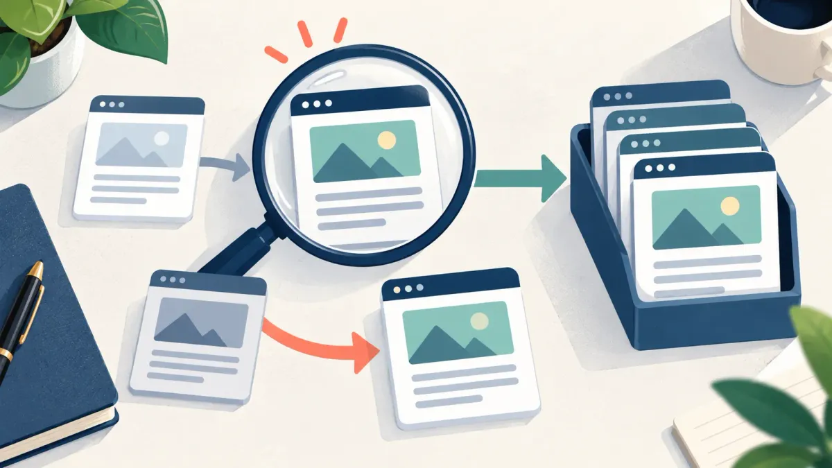 Illustration of an important webpage examined under a magnifying glass while alternate pages follow a canonical path.