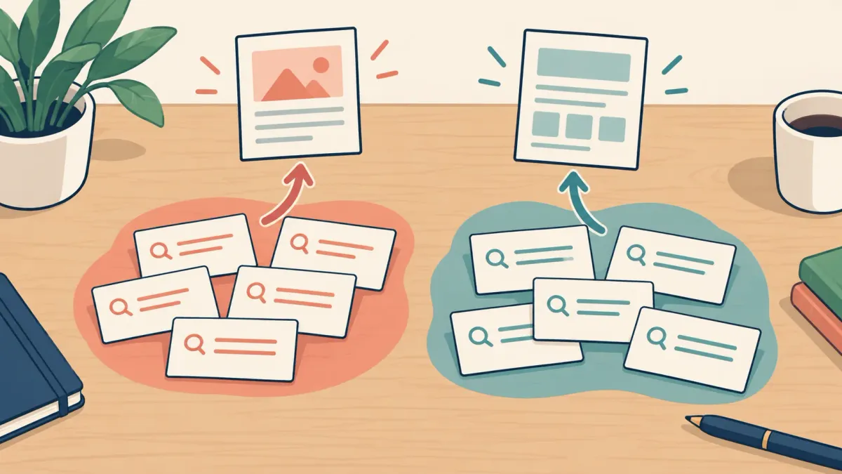 Illustration of search queries grouped by intent and mapped to two different page outlines