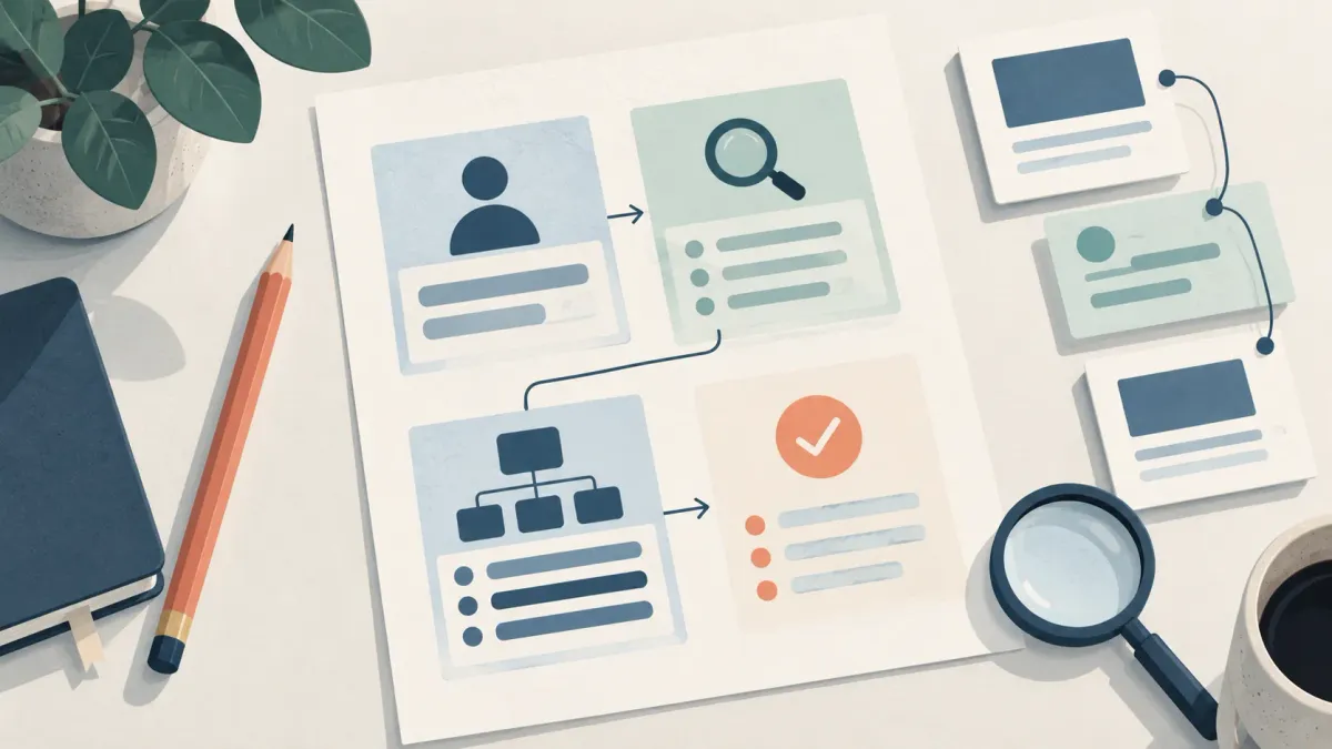 Illustration of a content brief connecting reader needs, search evidence, page outline, and editorial review.