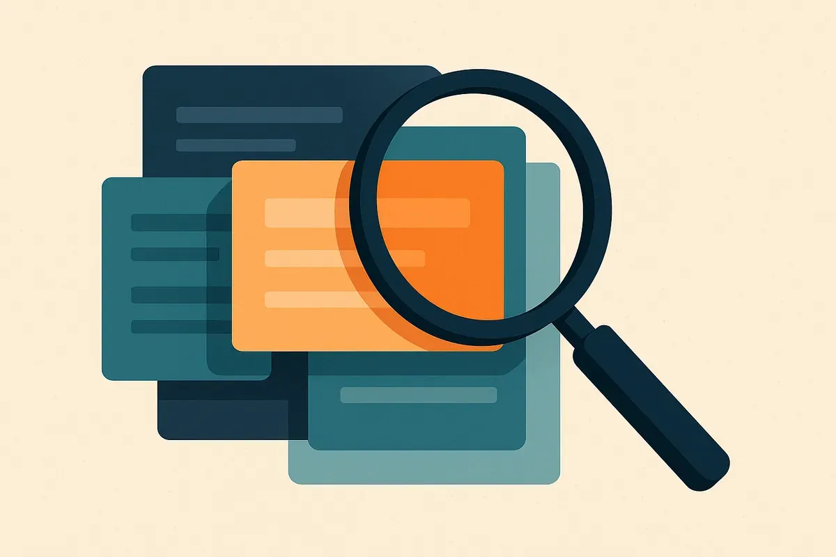 Illustration of layered web page previews under a magnifying glass