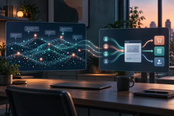 Conceptual illustration contrasting AI search visibility with website visits and outcomes