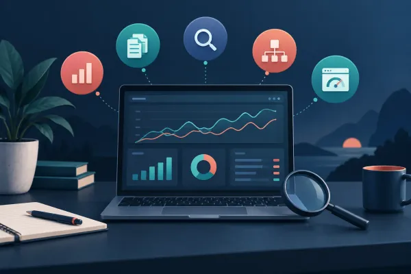 Illustration of an analytics dashboard with icons for the five Search Console checks in this guide