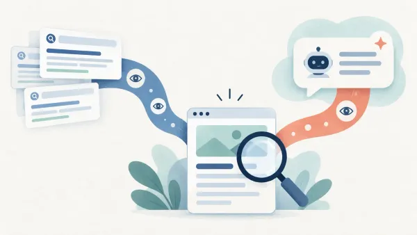 Illustration of a webpage examined under a magnifying glass, with paths from search results and an AI answer.
