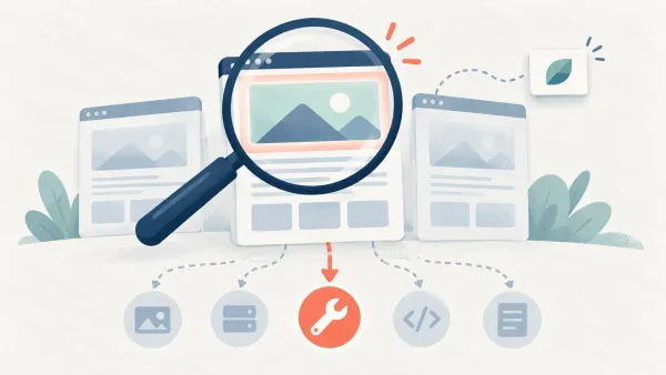 Illustration of webpage cards with a magnifying glass highlighting one page image and a selected repair path.
