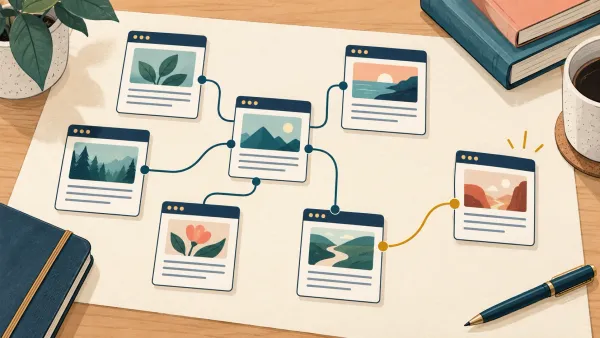 Illustrated page cards connected by internal links, with one newly linked page highlighted