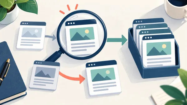 Illustration of an important webpage examined under a magnifying glass while alternate pages follow a canonical path.