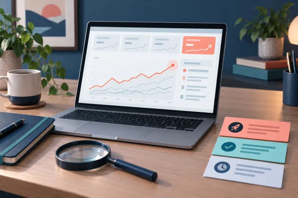 Illustration of an analytics dashboard, magnifying glass, and prioritized SEO opportunity cards