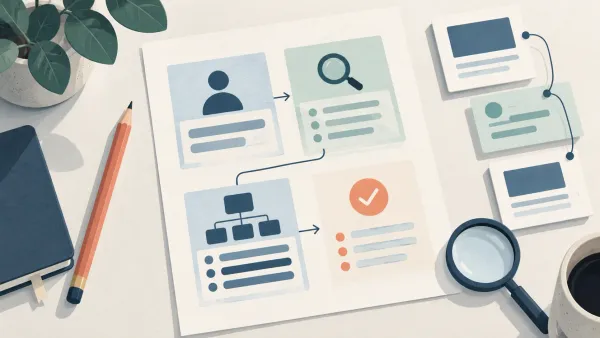 Illustration of a content brief connecting reader needs, search evidence, page outline, and editorial review.