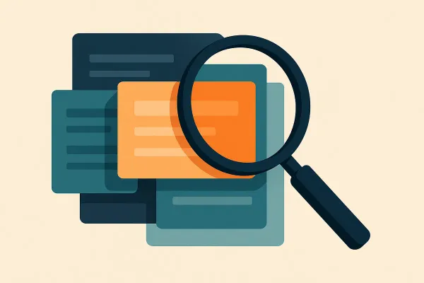 Illustration of layered web page previews under a magnifying glass